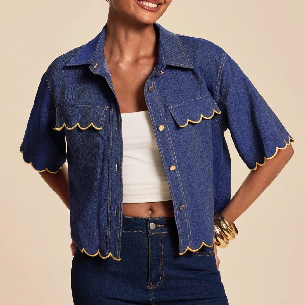Blue Denim Scalloped Contrast Trim Short Sleeve Crop Shirt